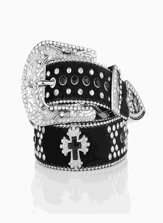 Winatehr rhinestone studded cowgirl and cowboy black y2k goth belt, western country emo leather punk rock chunky designer belts for women and mens, trendy grunge scene clothes accessories - Image 1
